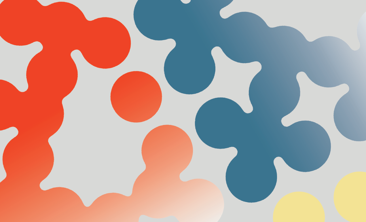 Light grey background with connected circular forms moving across it; orange-red on the left, grey-blue towards the top right, and pale yellow in the bottom right corner.