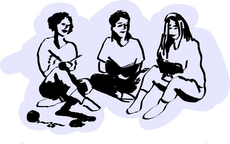 loosely drawn human figures in black on lavender background presenting three individuals sitting together looking busy while having fun