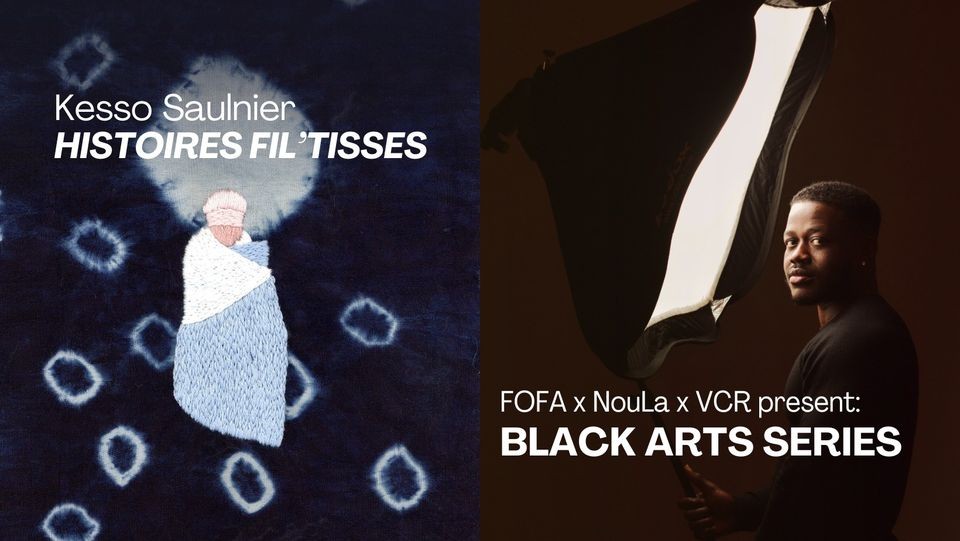 The left image features a detailed embroidery on hand dyed indigo fabric, it depicts a young baby wrapped in a blanket. On the right it is a stocked image portraying a male presenting person next to professional cinematographic lighting. They are wearing a black shirt and the background is brown.