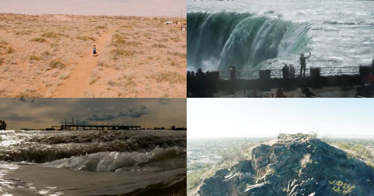 Views of desert, landscape, waterfall, mountain