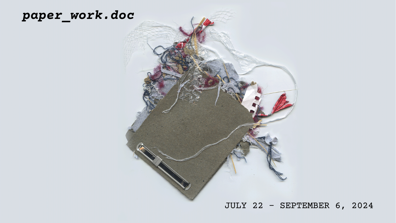 Scan of a assortment of scraps of paper and plastic waste arranged to resemble a file.