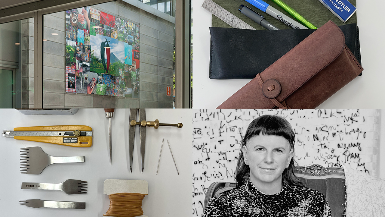 Collage of four images featuring amn outdoor vinyl banner, a leather pencil case, leatherworking tools, and a black and white headshot of facilitator Nikki Jessup sitting on a chair. 