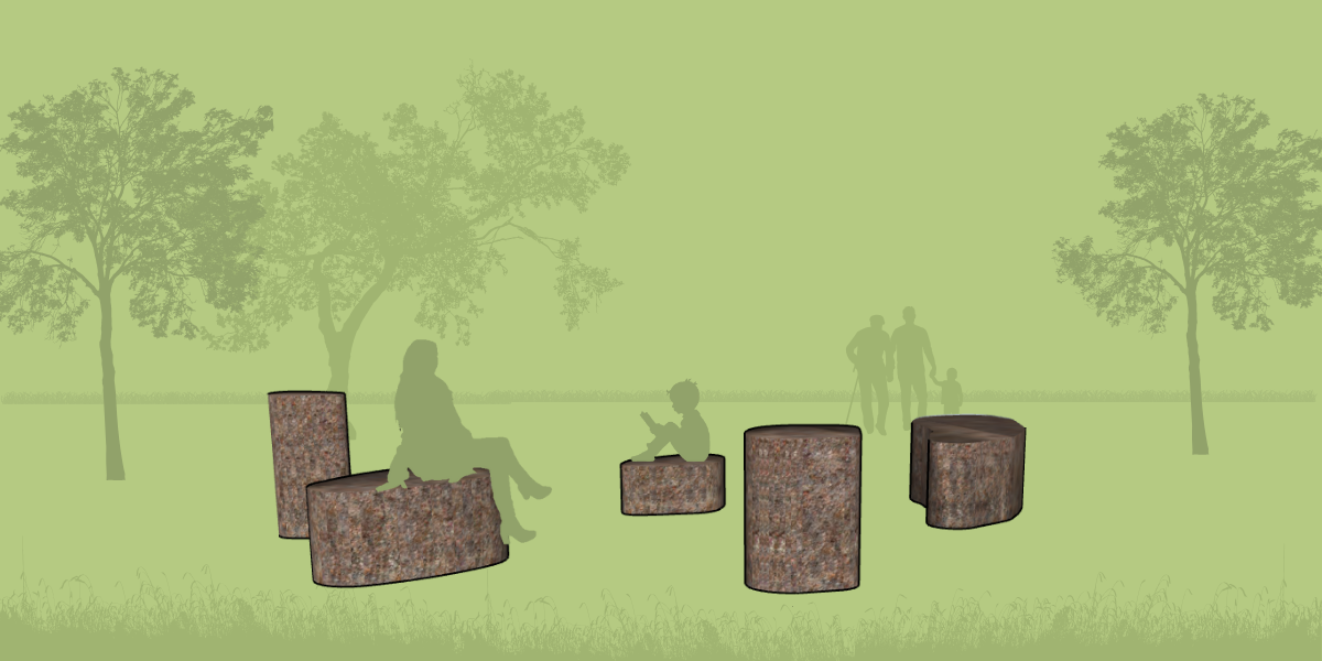Digital mockup of an outdoor park scene with tree silhouettes and people interacting with 5 large, textured, cylindrical seating objects; one person is sitting, a child is reading, and a family walks in the background.