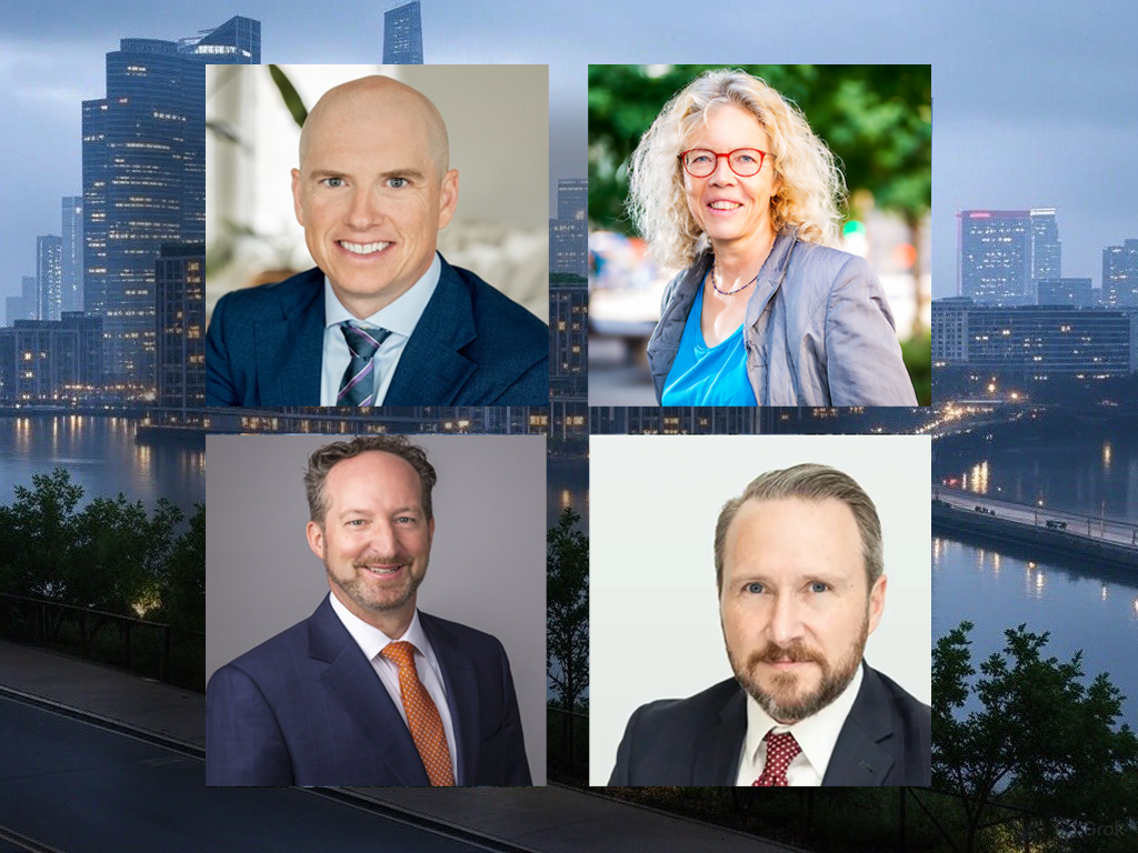 A collage of four images of three men and a woman over a city skyline