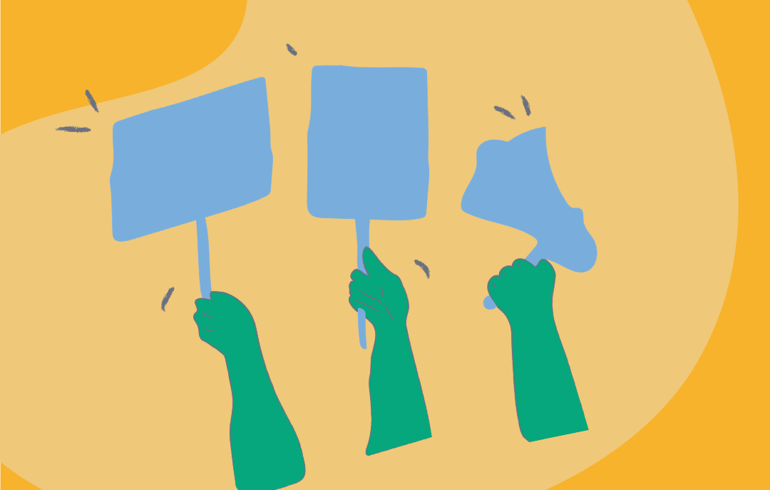 A drawing of 3 arms holding signs and a megaphone to suggest an organized campaign.