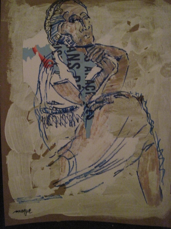 Mixed media, 2D artwork of a person sitting with their hands together, resting under their chin