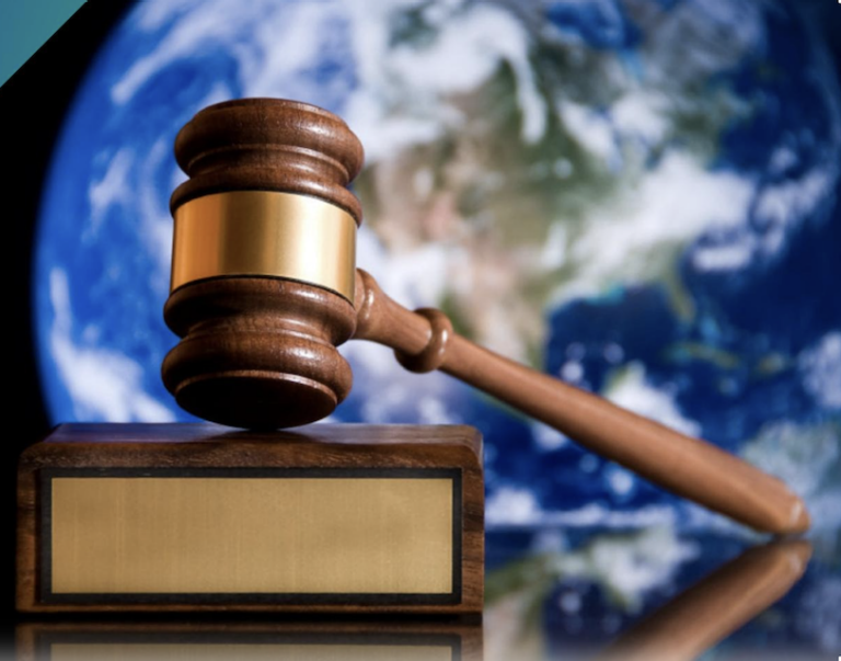 gavel in foreground with planet earth in the background