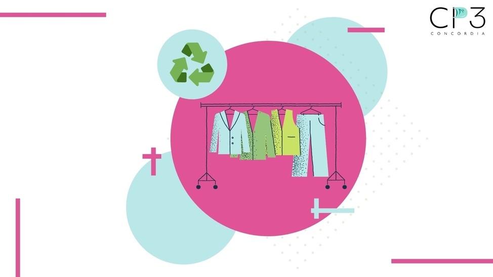 Series of illustrated  blue and pink circles, one with recycling symbol and another with clothing rack