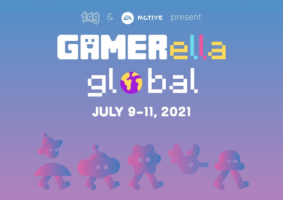 GAMERella Global informational poster with text on a pink-blue gradient background