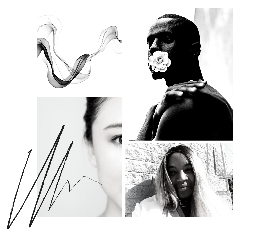 Collage of 4 black-and-white images: swirl graphic, Black man with white flower in mouth, fragment of front profile of woman with dark eyes and hair, and smiling woman in front of brick wall