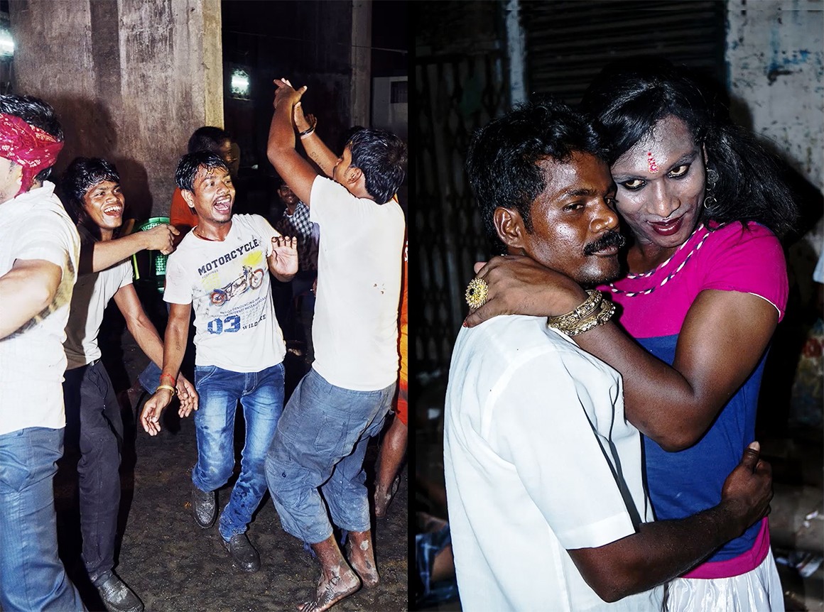 Two side-by-side images: The first showing a small group of people dancing outside at night; The second showing a man and woman hugging