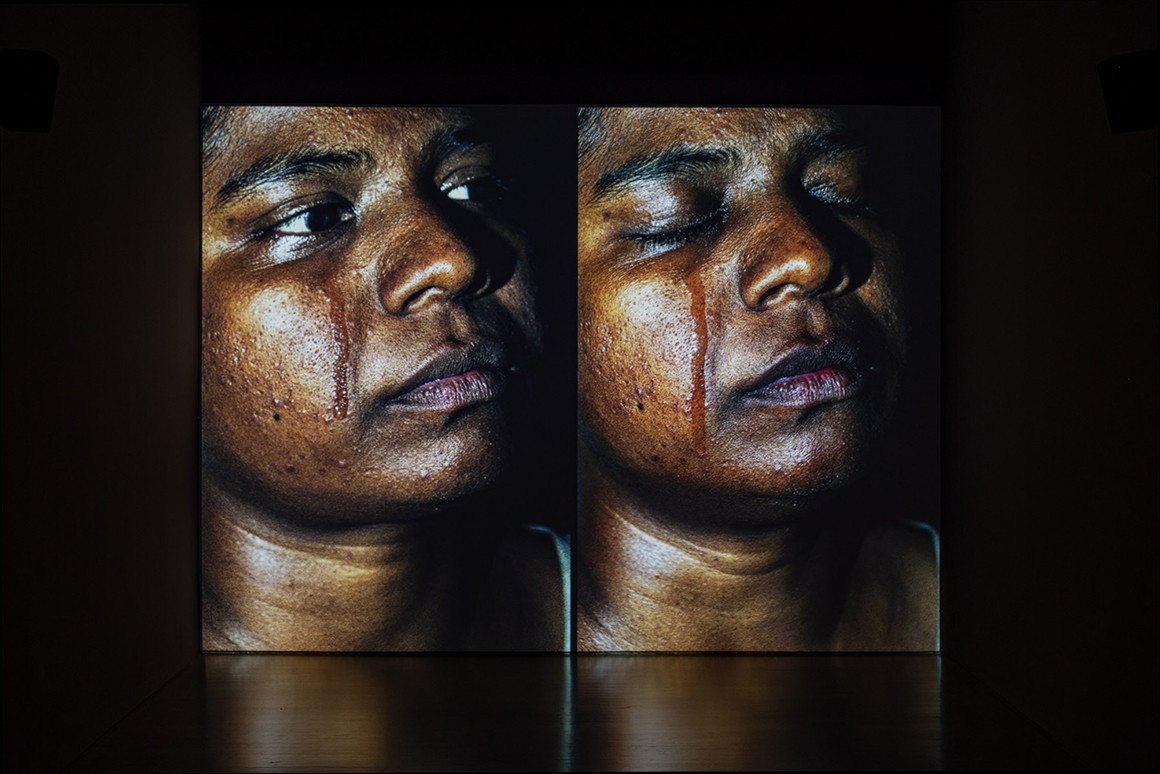 Two side-by-side images of a woman with a streak from crying down the cheek