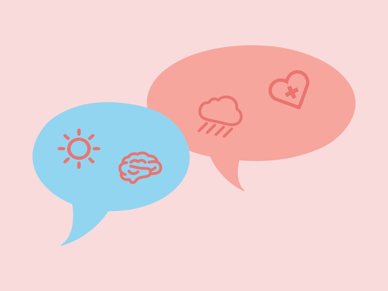 two speech bubbles, one blue and one pink, with assorted symbols in them
