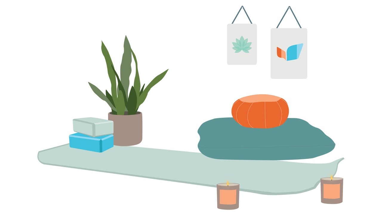 an illustration of meditation cushions, yoga accessories, some candles, and a house plant