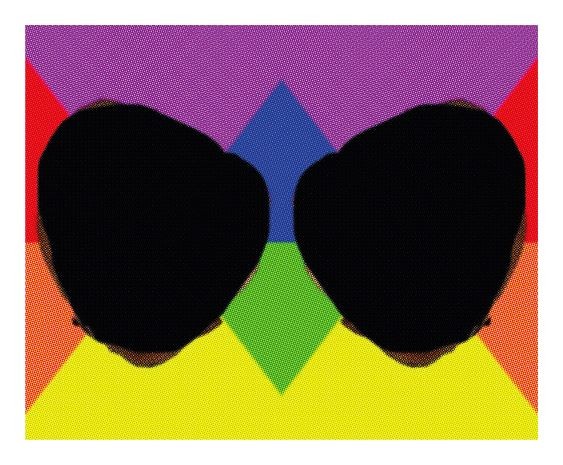 Colourful illustration with triangular sections and two black circles on top