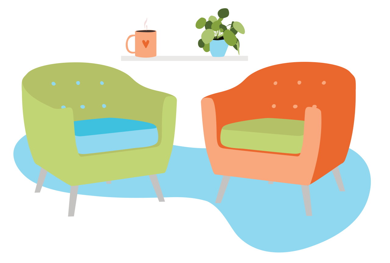An illustration of two colourful armchairs facing each other. There is a shelf behind them that holds a potted plant, and a steaming mug with a heart on it.