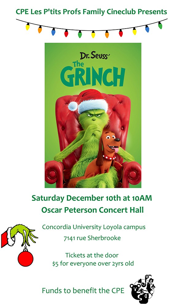 event poster featuring the grinch sitting on a red chair holding his puppy