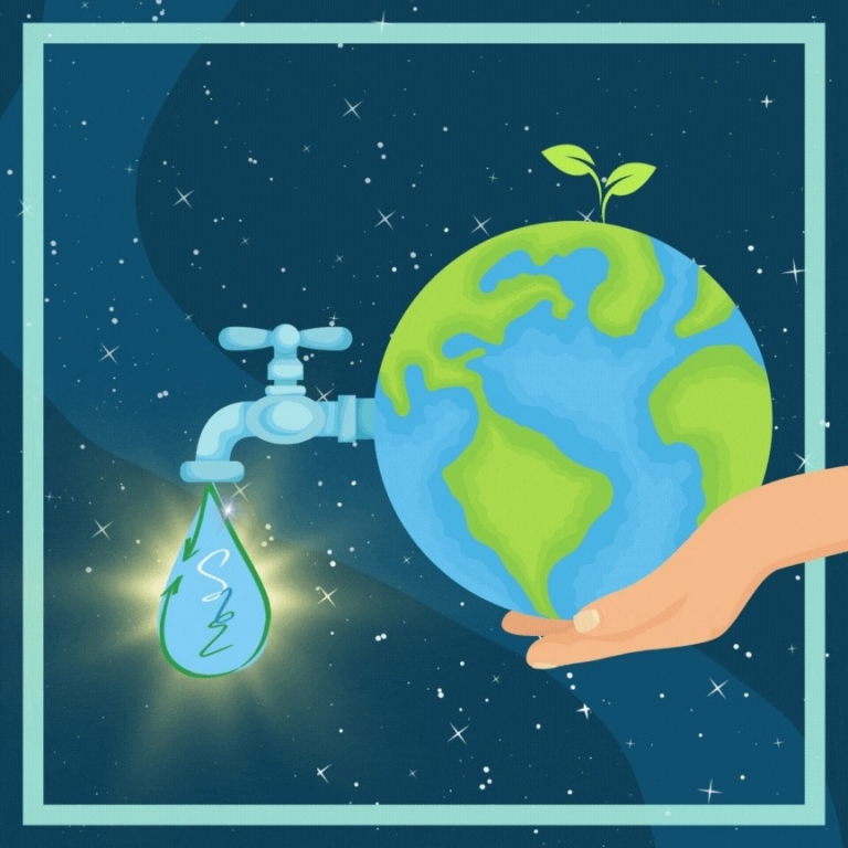 illustration of planet Earth being held by one hand, with a faucet coming out of ocean area