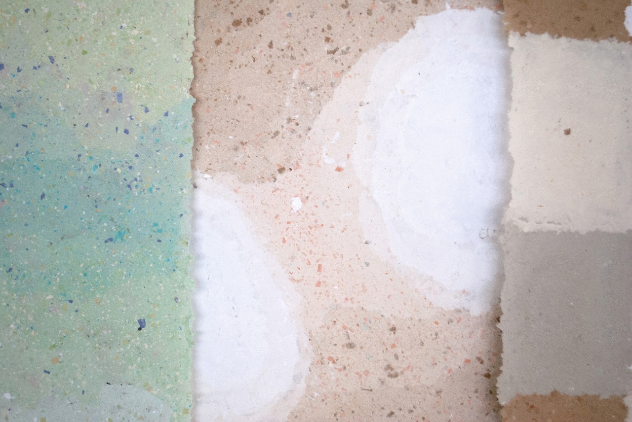 Installation of 4 handmade paper made with recycled fibres