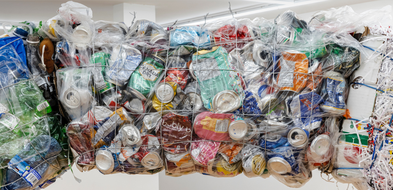 Close-up of an artwork composed of compressed soda cans and plastic waste in the shape of an arch. 