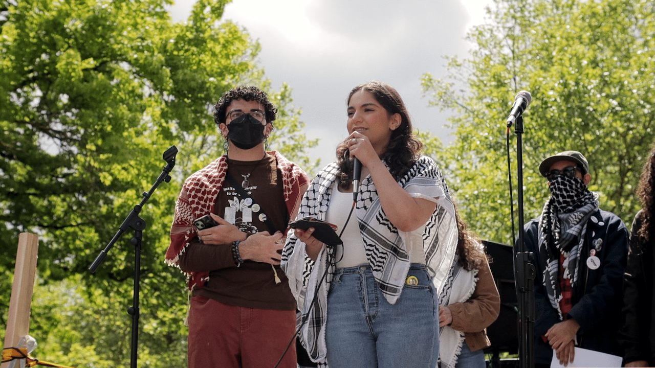 Still from The Palestine Exception (two students wearing keffiyehs)