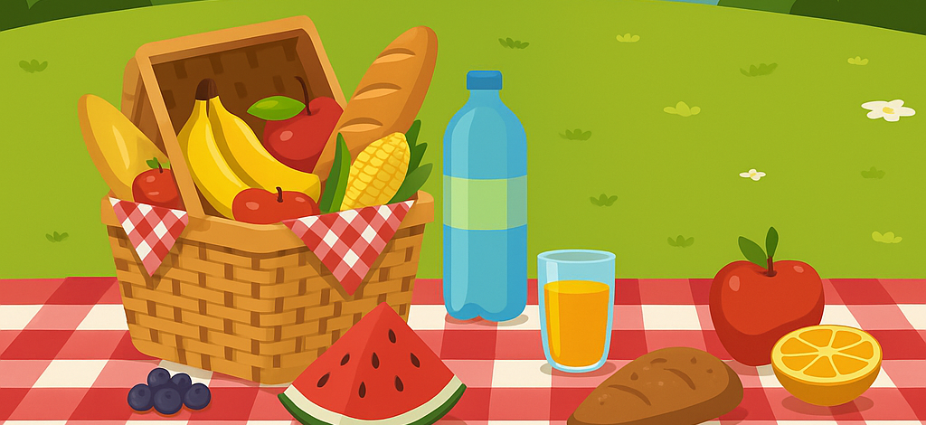 Picnic basket, orange juice in a bottle, picnic set up 