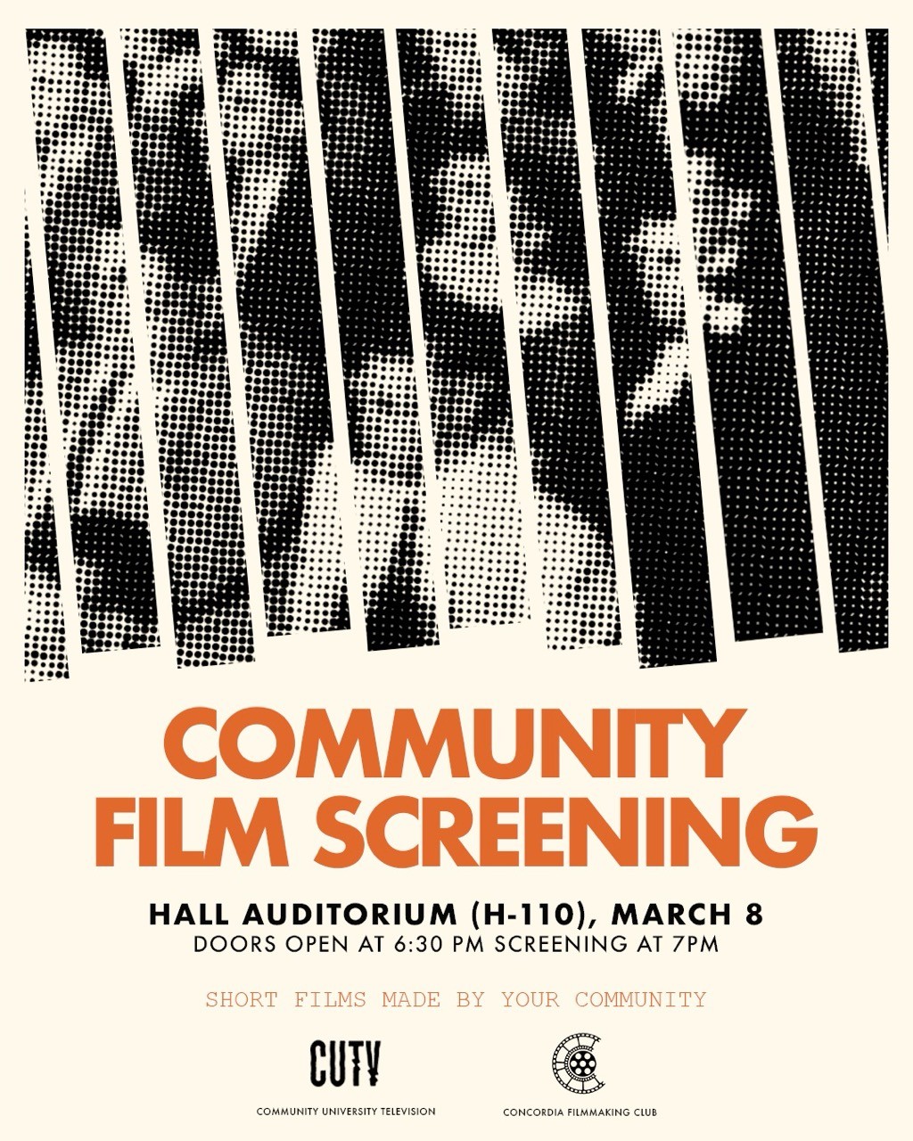 A poster for the CUTV community film screening featuring a black and white image of people in a theatre audience.