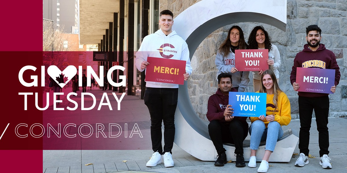 Six students wearing Concordia sweatshirts stand outside the Hall Bldg in front of the big "C"  and hold cards that say "Thank You" and "Merci" 