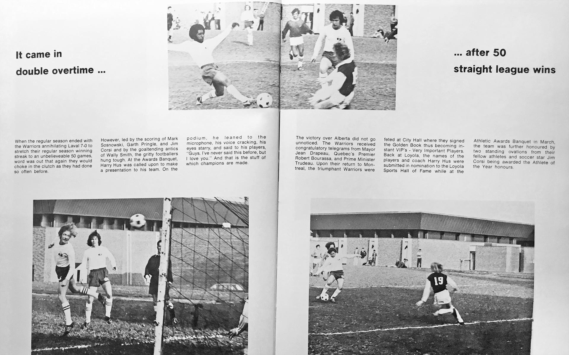 A two-page spread from the Loyola yearbook with pictures of the team playing on the soccer pitch
