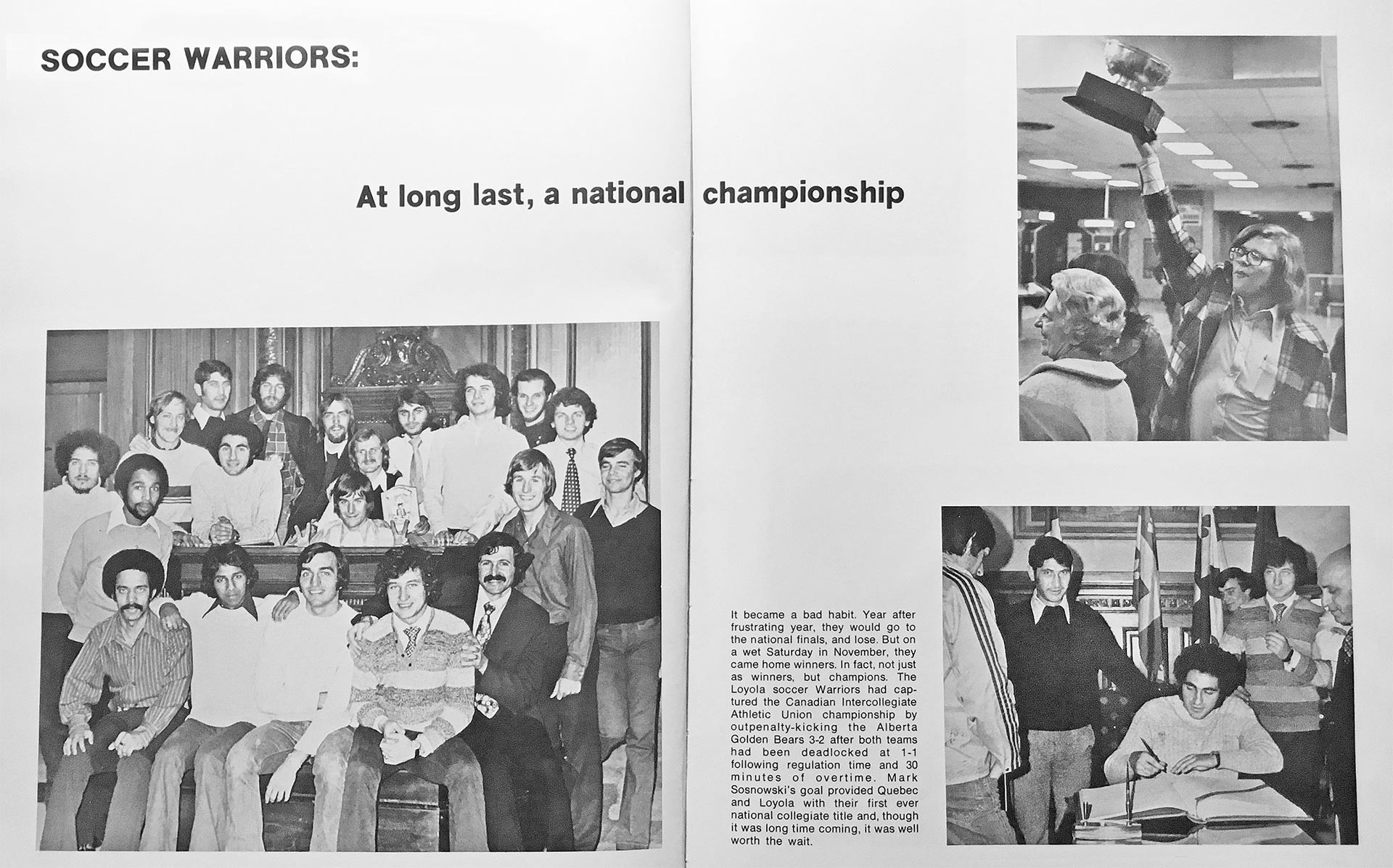 A two-page spread from the Loyola yearbook with pictures of the team, including one where they are signing the livre d'or at City Hall