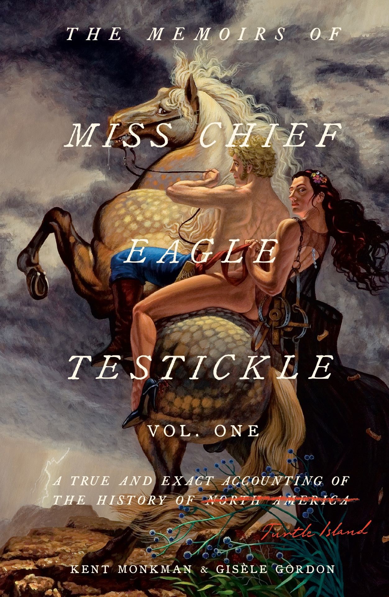 The book cover for Volume One shows two nude people riding a horse on its hide legs. The backdrop is stormy.