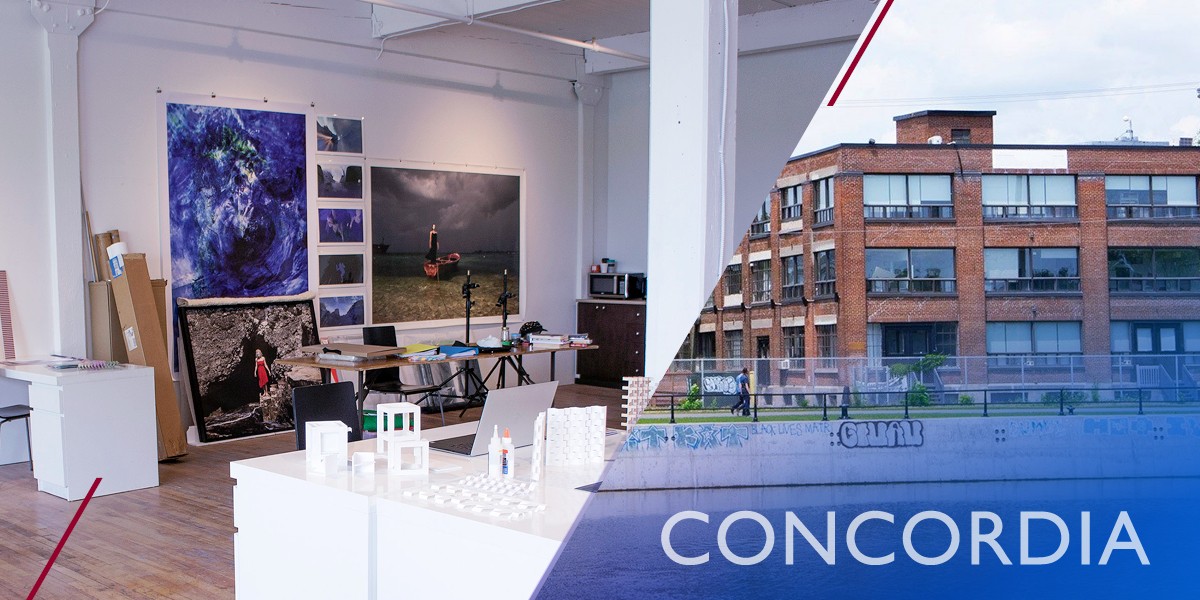 An interior view of the studio and an exterior view of the building along the canal