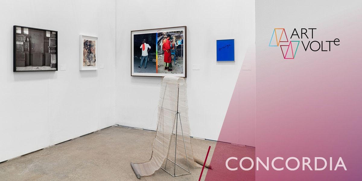 Four colourful artworks hang on white gallery walls, superimposed woth the Concordia logo.