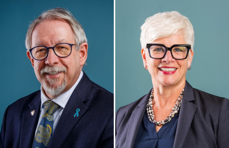A diptych of a man in a navy-blue suit next to a woman wearing a grey jacket