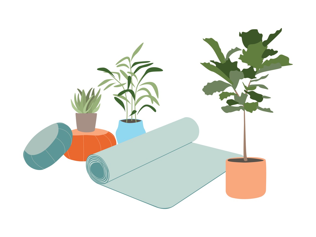 illustration of a yoga mat, meditation cushions, and some house plants