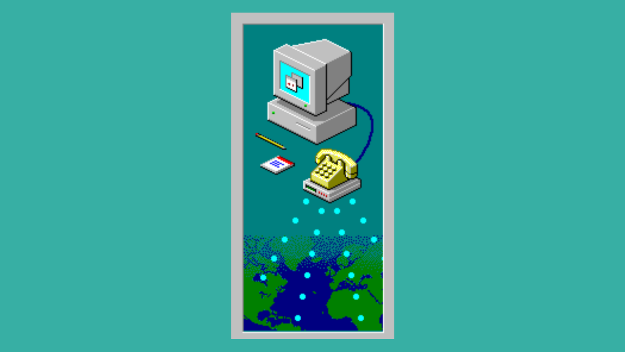 Image shows 90s style depictions of a computer and telephone. The background is turquoise and the objects are placed over top a world map.