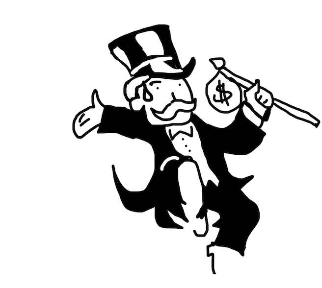 Image displays an illustrated man in a top hat holding a bag of money