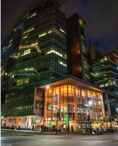 EV building lit orange