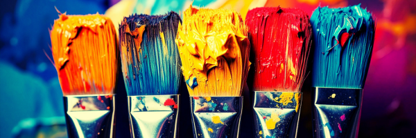 Messy and colourful paint brushes