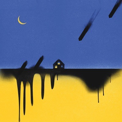 Night scene of a house under attack from missiles