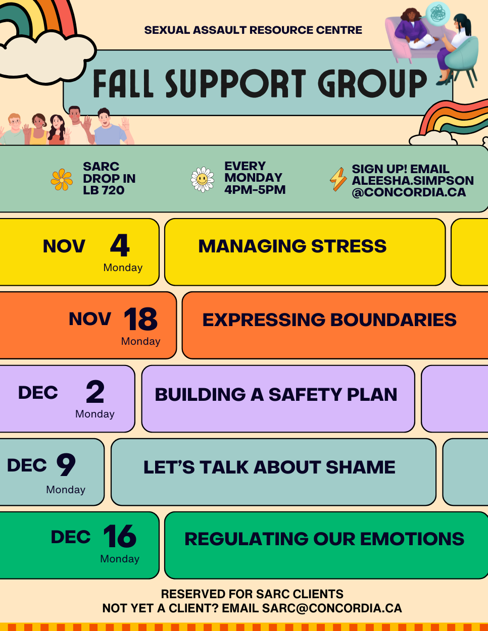 list of dates and times for support group