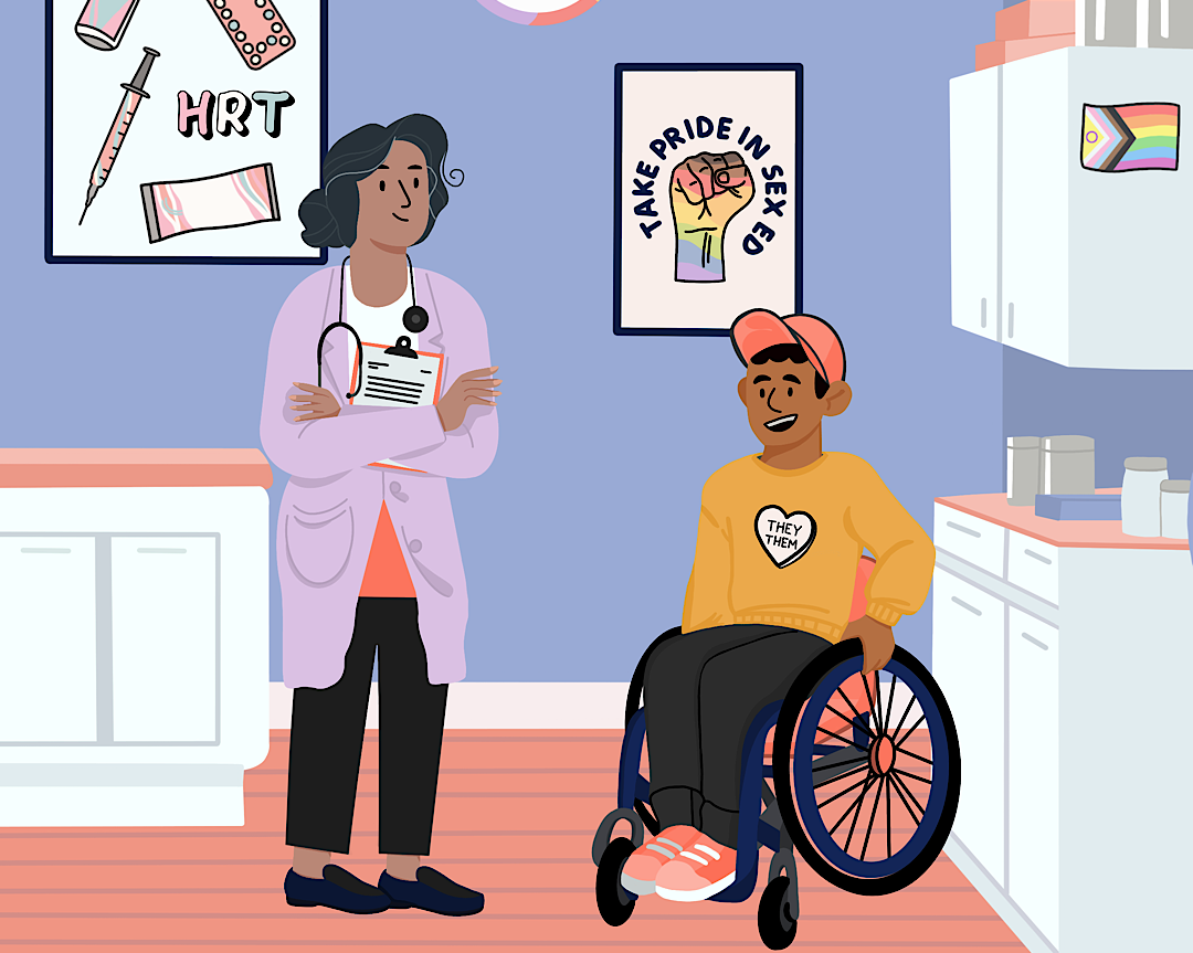 Illustration: a doctor and a a patient on a wheelchair 