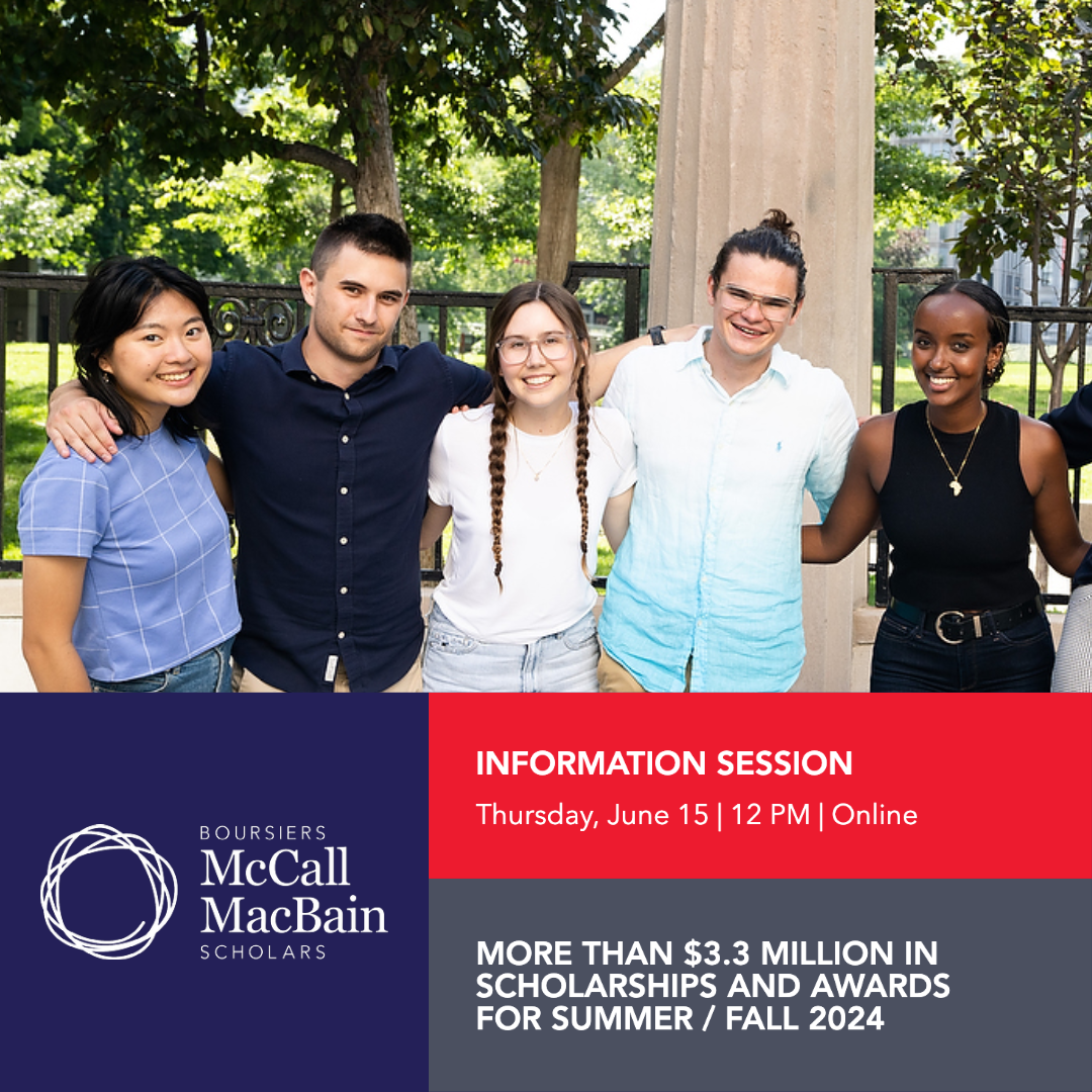 Five students together in a photo. Text: Information session, Thursday, June 15, 12 PM, Online. More than $3.3 million in scholarships and awards for summer/fall 2024