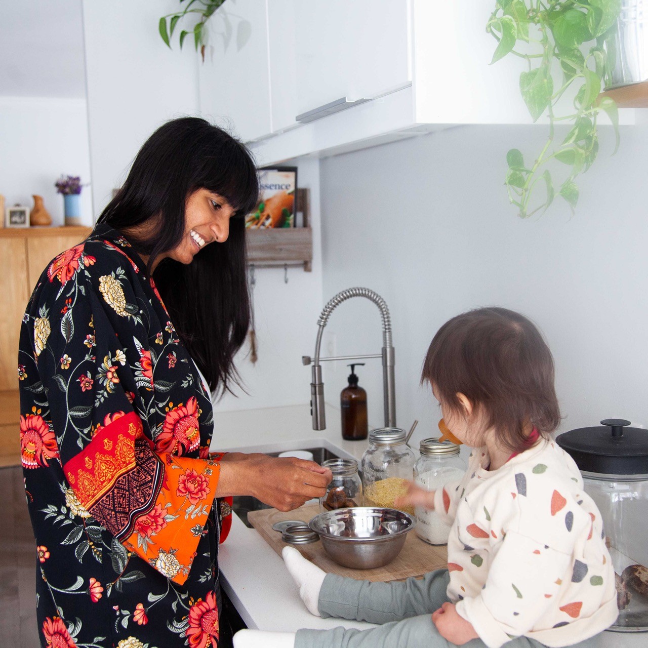 Mother and child preparing food from scratch 