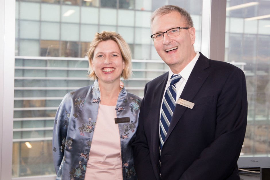 Kimberley Manning (left) and Concordia University president Alan Shepard (right) at the institute’s 40th anniversary celebration at Concordia on May 10, 2018.