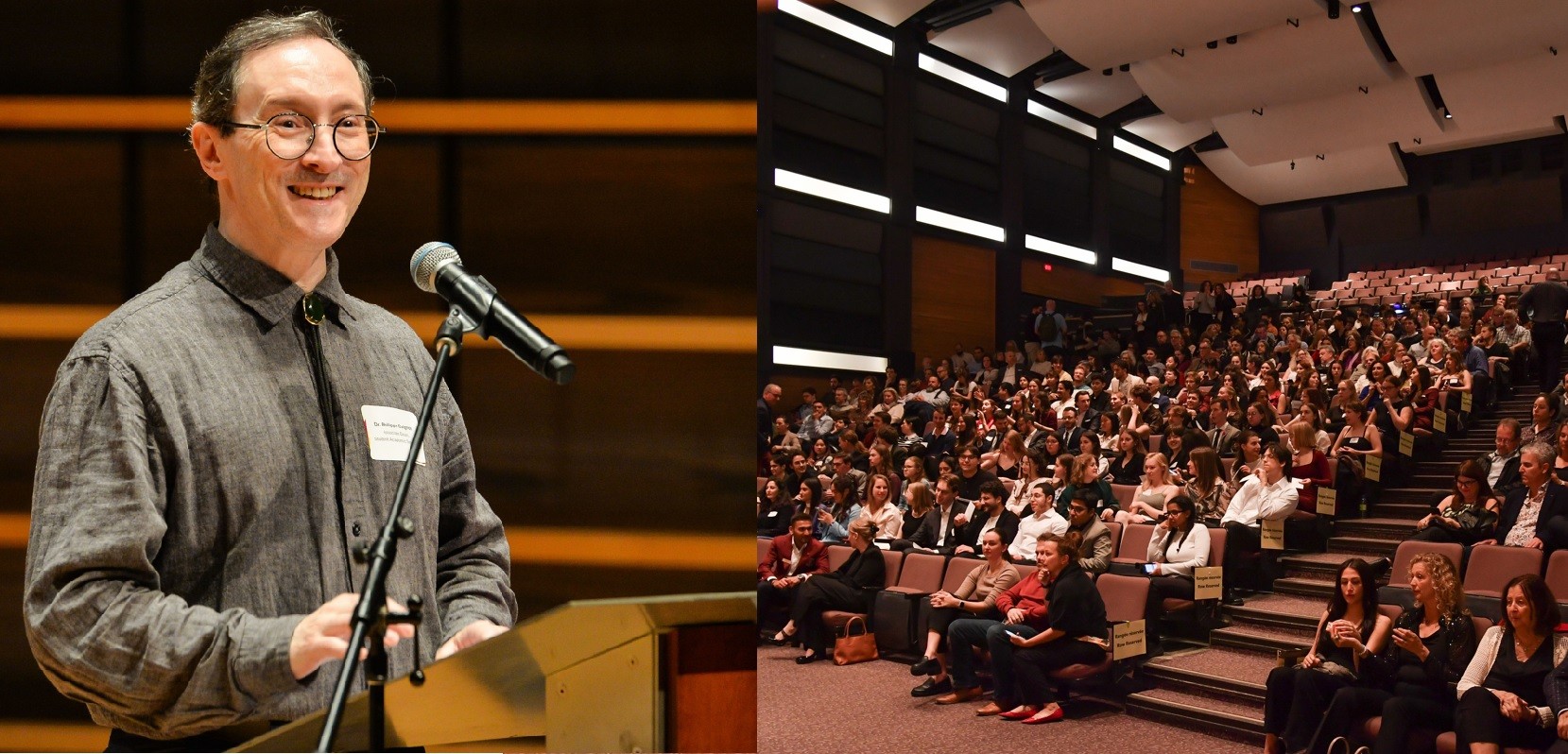 Philippe Caignon, Associate Dean of Student Academic Services, at the podium on October 30, speaking to a crowd of students and parents in the Oscar Peterson Hall.