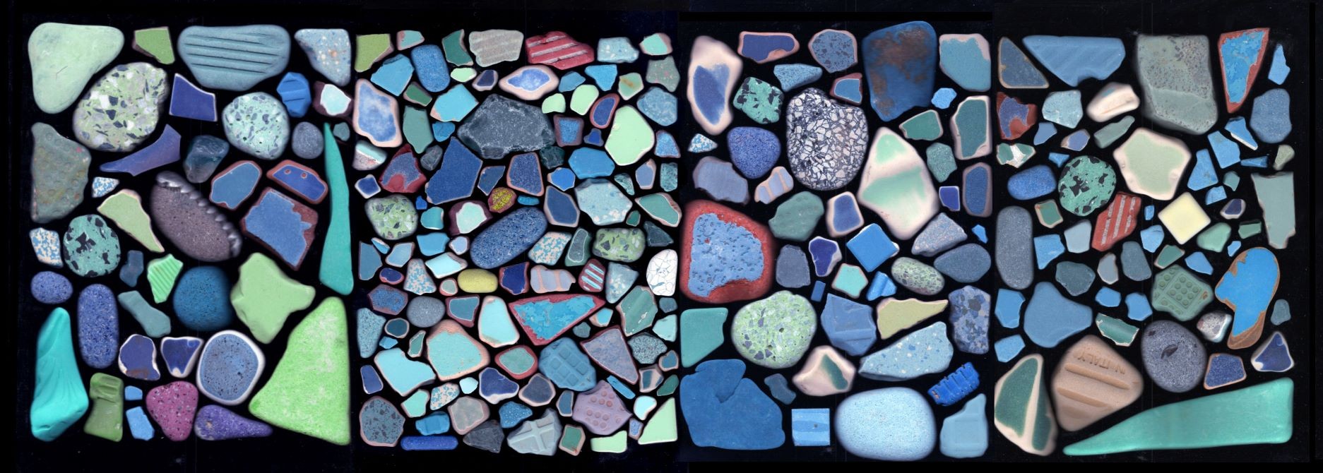 Hundreds of blue and green “rocks". Though they look like natural stones, most are fragments of tile, concrete, slag, and industrial coatings, materials.
