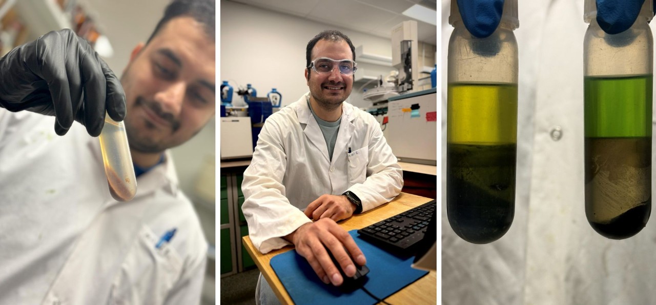 Three side-by-side photos of PhD candidate Milad Ezzati, in his lab