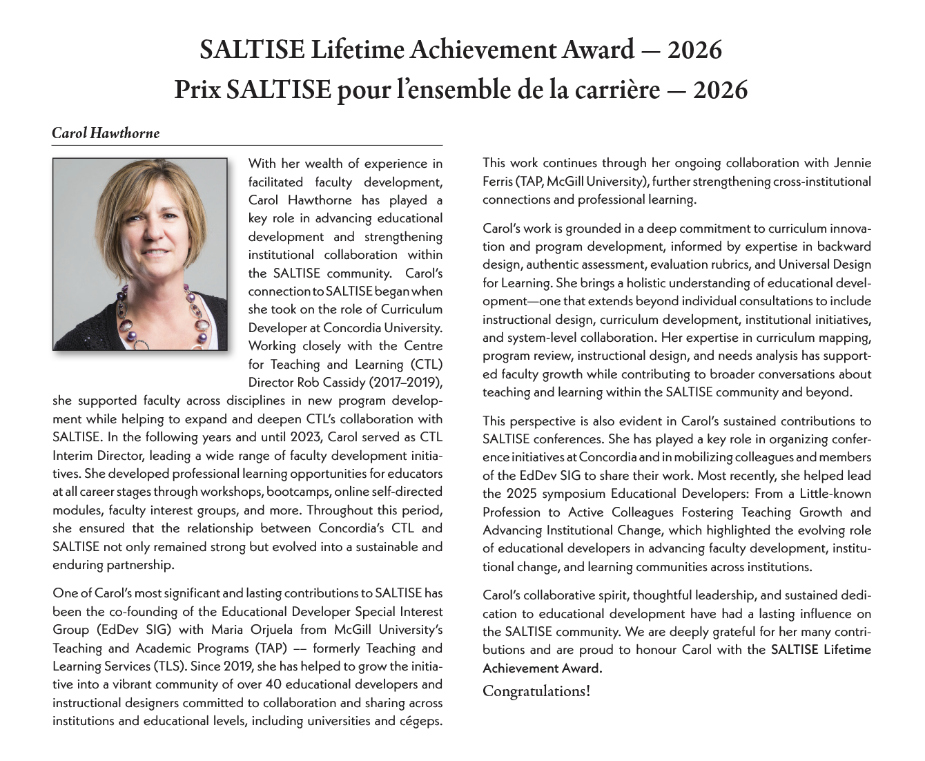 Information about Carol Hawthorne's Life Achievement Award from SALTISE