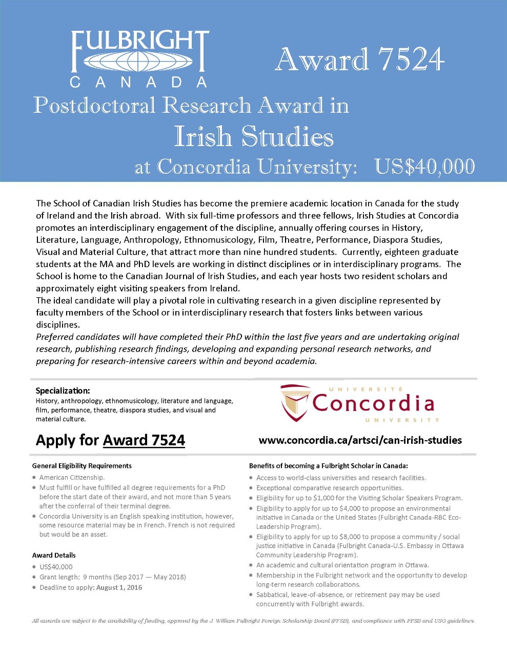 Fulbright Postdoctoral Research Award in Irish Studies
